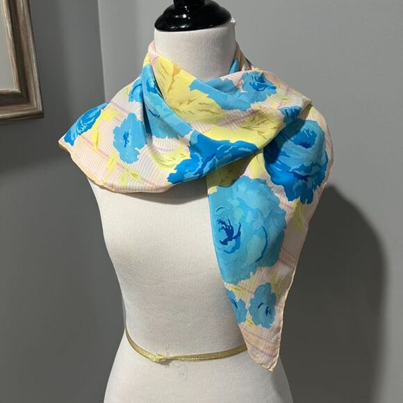 Vintage Peach, Pink, Blue, Yellow Silky Square Scarf 30.5" x 31.5" - Picture 6 of 8